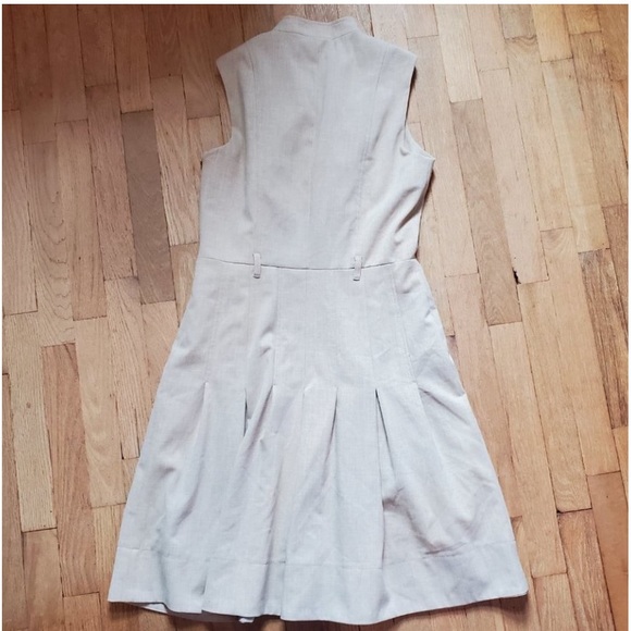 Calvin Klein Tan Ruffle Collar V Neck Sleeveless Pleated Fit and Flare Dress - Picture 2 of 11